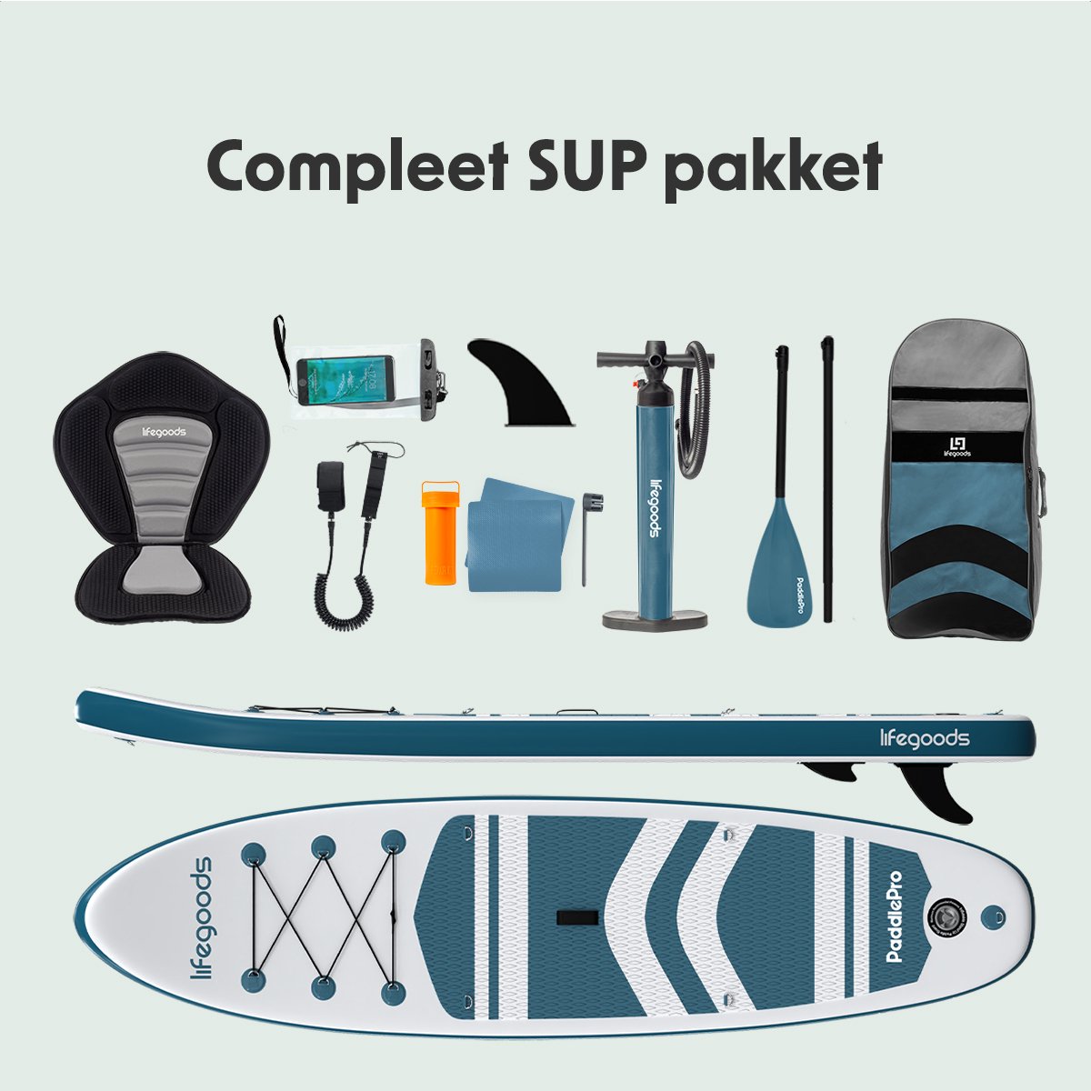 LifeGoods PaddlePro SUP Board - met Zitje - Opblaasbaar Paddle Board - Complete Set - Max. 150KG - 320x81cm - Wit/Deep Aqua – foto 5