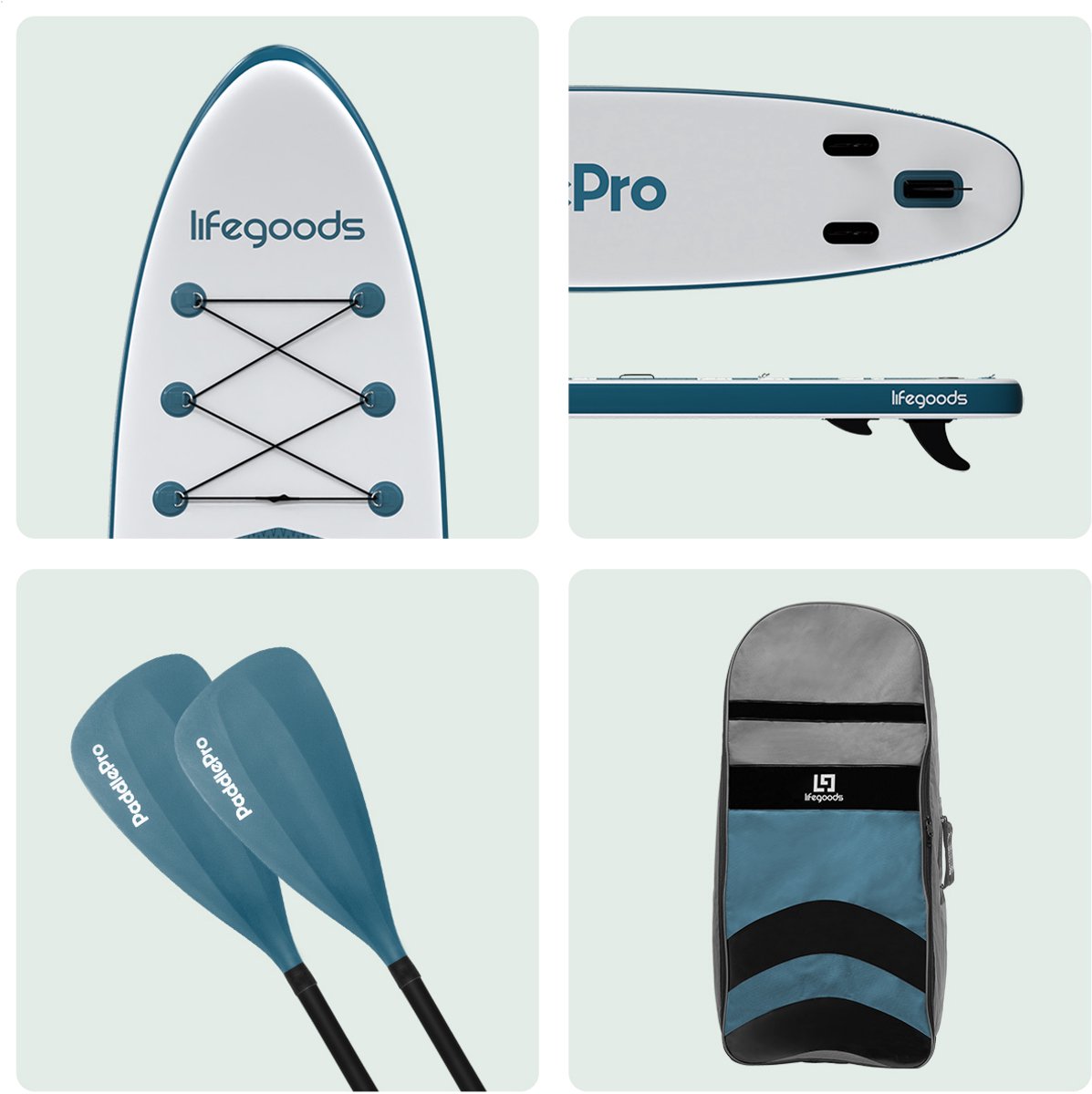 LifeGoods PaddlePro SUP Board - met Zitje - Opblaasbaar Paddle Board - Complete Set - Max. 150KG - 320x81cm - Wit/Deep Aqua – foto 7