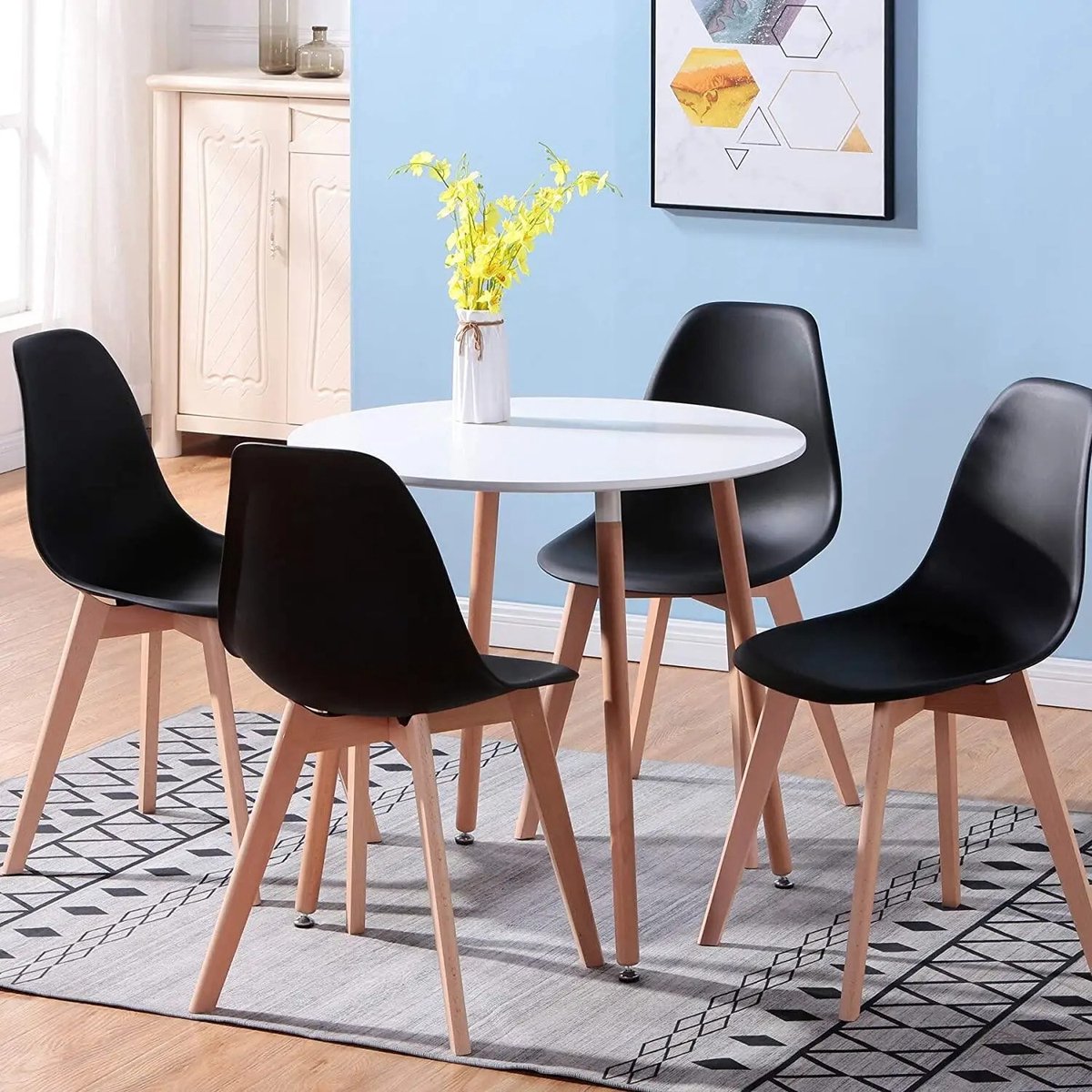 Asaam Set van 4 eetkamerstoelen & Ronde Eettafelset - Massief Houten Poten- Voor Woonkamer-Eeetkamer- Keuken- Kantoor -Tafel diameter 80 com