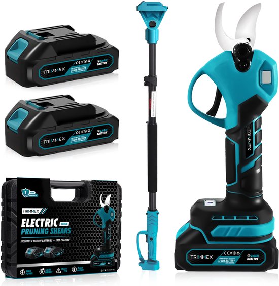 Trimmex® Elektrische Snoeischaar + Telescopische snoeisteel - 32mm Snijdiameter - Accu Snoeischaar - Takkenschaar - Heggenschaar - Incl. olie reservoir, slijpsteen, Opbergkoffer, 2 Accu’s - Blauw
