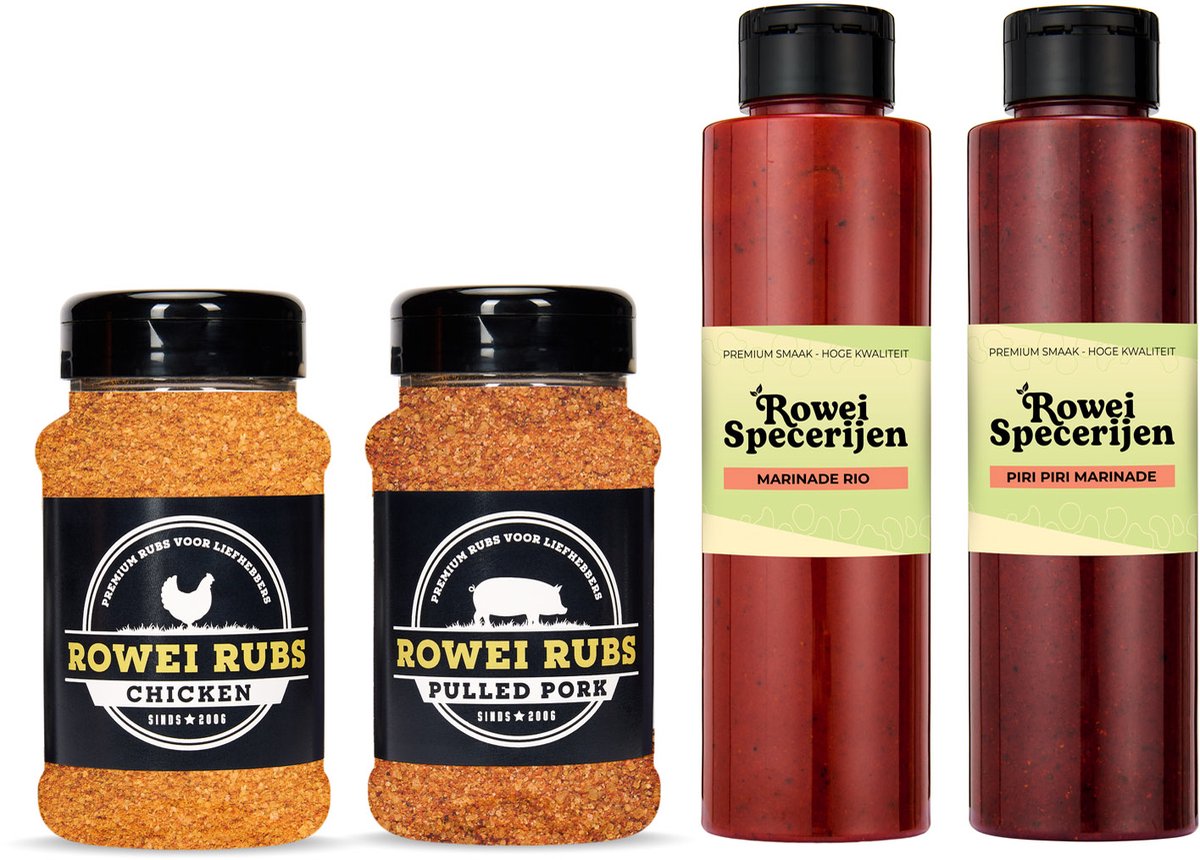 Goedkoopste Rowei Specerijen - BBQ Pakket 2 - Cadeau pakket - Chicken Rub - Pulled Pork Rub - Kipkruiden - Kruiden voor varkensvlees- Vlees marinade- Kip marinade - BBQ Kruiden - BBQ Marinades - Oliemarinades