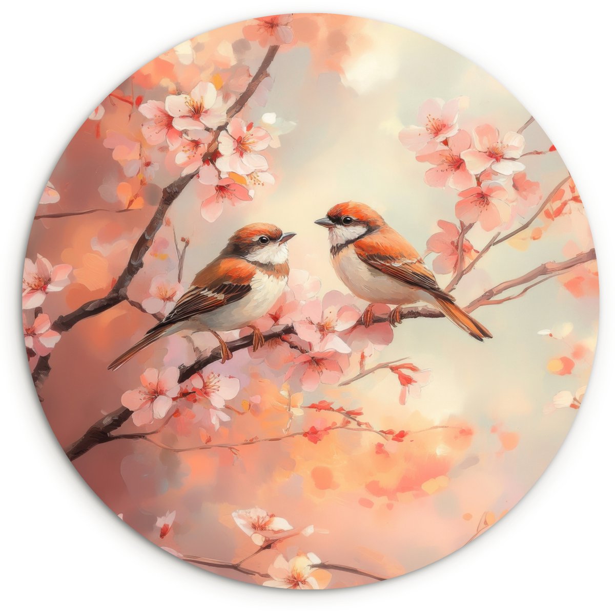 WallCircle Wandcirkel 140x140 cm - Muurcirkel Vogels - Romantic - Bloesemtak - Muurdecoratie woonkamer - Wanddecoratie slaapkamer - Kamer decoratie accessoires - Ronde schilderijen Vogels - Bloesemtak