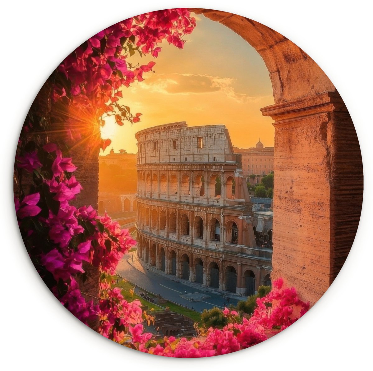 WallCircle Wandcirkel 140x140 cm - Muurcirkel Colosseum - Rome - Roze Bloemen - Muurdecoratie woonkamer - Wanddecoratie slaapkamer - Kamer decoratie accessoires - Ronde schilderijen Colosseum - Bloemen