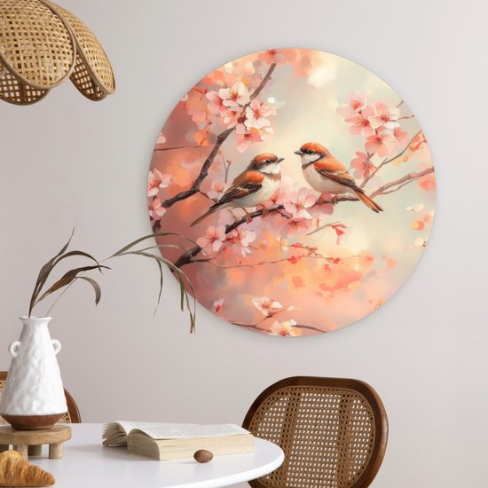 WallCircle® Cercle mural 60x60 cm - Cercle mural Vogels - Romantique - Branche fleurie - Décoration murale salon - Décoration murale chambre - Accessoires de décoration de chambre - Tableaux ronds