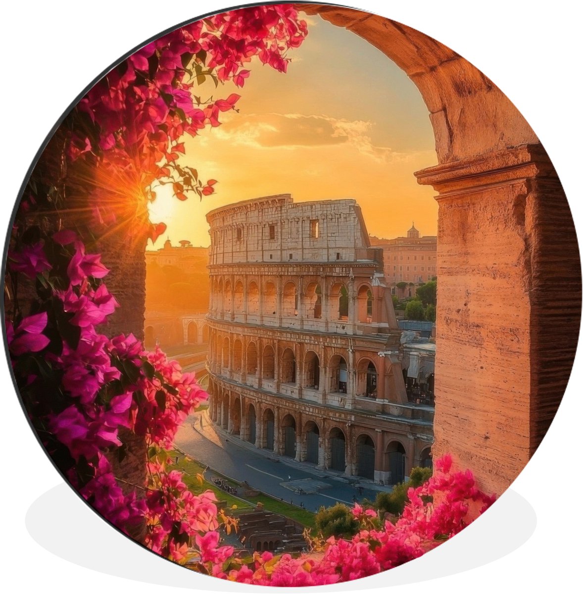 WallCircle Wandcirkel - Muurcirkel - Colosseum - Rome - Roze Bloemen - Aluminium - Dibond - 120x120 cm - Binnen en Buiten Colosseum - Bloemen