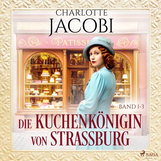 Vrouw in blauw pak met hoed, voor een etalage vol gebak. Titel: Die Kuchenkönigin von Strassburg.