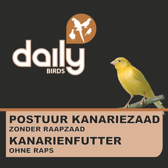 Gele kanarie op een tak. Daily Birds logo met vogels. Tekst: POSTUUR KANARIEZAAD ZONDER RAAPZAAD KANARIENFUTTER.