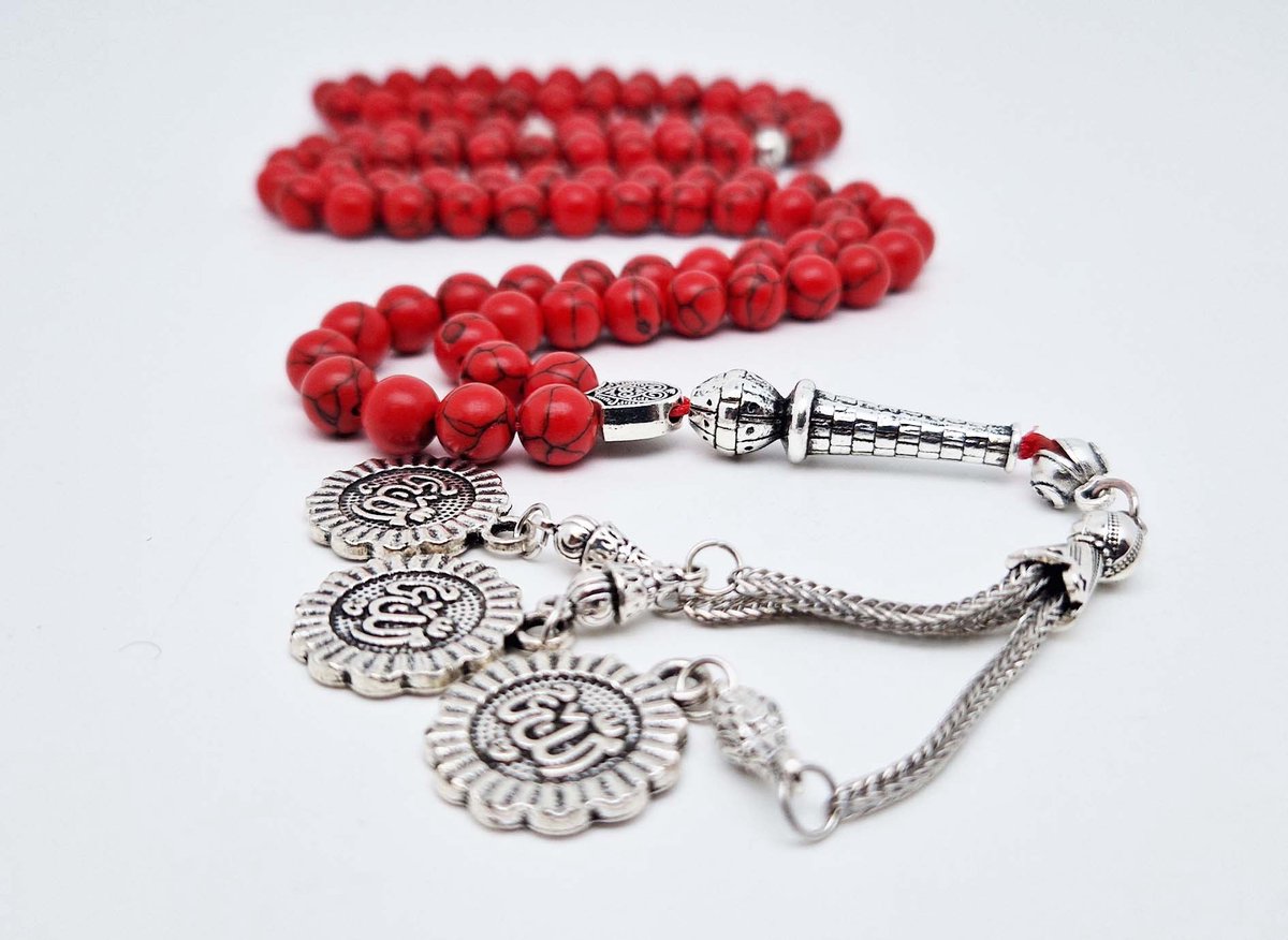 Handgemaakte tesbih "Tasbih" natuursteen "Rode howliet" - Aantal kralen 99 - Diameter kralen 8MM - met metaal tassel "Allah" - Een mooi cadeau-idee