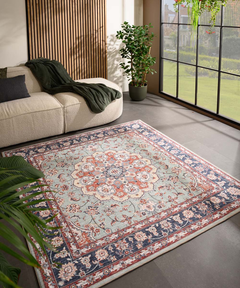 Buitenkleed vierkant Vintage - Valenca Nova saliegroen/rood 115x115 cm