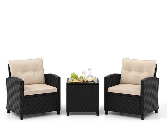 COSTWAY 3-delige rotan tuinmeubelset, balkonmeubels met kussens, 2 stoelen en tafel, polyrotan balkonset, terrasmeubels, tuingarnituur, zitgroep voor terras, balkon, tuin