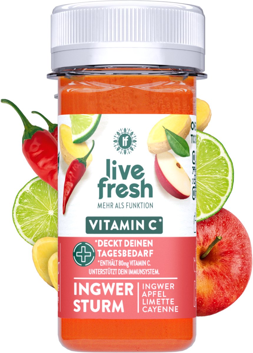 LiveFresh gembershot met vitamine C – koudgeperste gembershots zonder toevoegingen – gemaakt met gember, appel & cayennepeper – 16x60ml