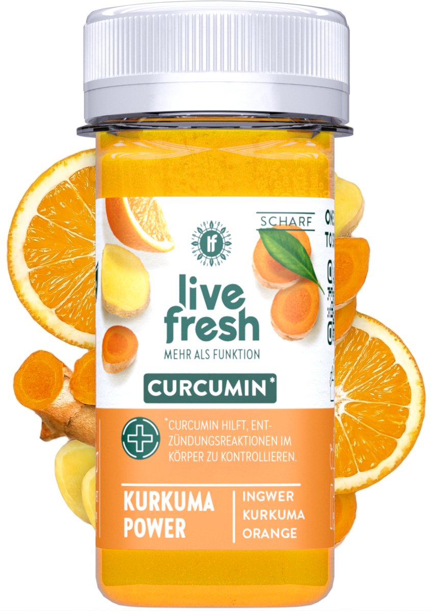 LiveFresh gembershot met curcumine – koudgeperste gembershots zonder toevoegingen – gemaakt met gember, kurkuma, sinaasappel – Kurkuma Power – 24x60ml