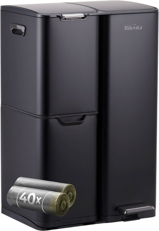 Poubelle de tri des déchets Rilenta 60 L - 3 compartiments (30 L-17 L-13 L) - Poubelle à pédale en acier inoxydable avec fermeture en douceur - Comprend 40 Sacs poubelles - Zwart
