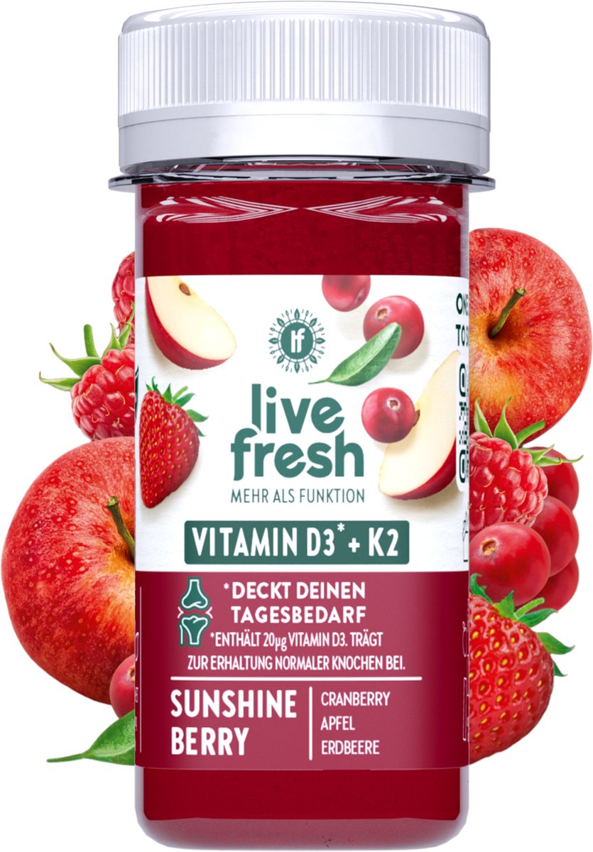 LiveFresh shot met vitamine D3 K2 – koudgeperste fruitshots zonder toevoegingen – gemaakt met cranberry, appel en aardbei – Sunshine Berry – 8x60ml