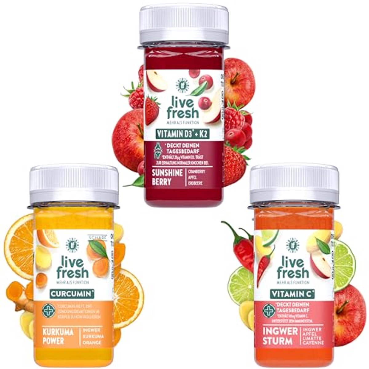 LiveFresh 2 weken immuun shotkuur met vitamine D3 K2, C & curcumine – gemaakt van gember, kurkuma & bessen – 48x60ml – 3 shots per dag