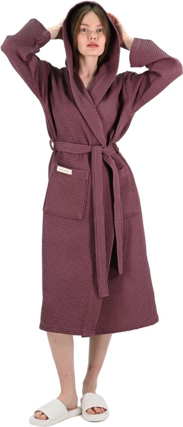 Linden&Green - Badjas de Sauna unisexe - Badjas 100% Katoen - L - Violet - Katoen gaufré - Badjas femme - Peignoir à capuche femme - Badjas femme et homme - L