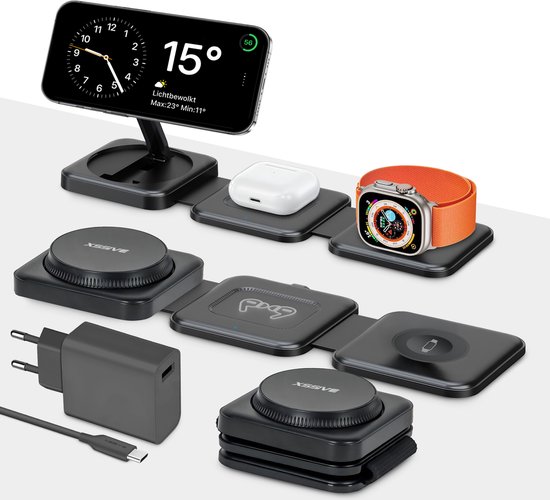 Draadloos Oplaadstation Geschikt voor iPhone 16/15/14/13/12 series, Apple Watch 10/9/8/7/6/5 en AirPods Pro/3/2/1 18W – 3-in-1 Draadloze Oplader - Wireless Charger - Zwart