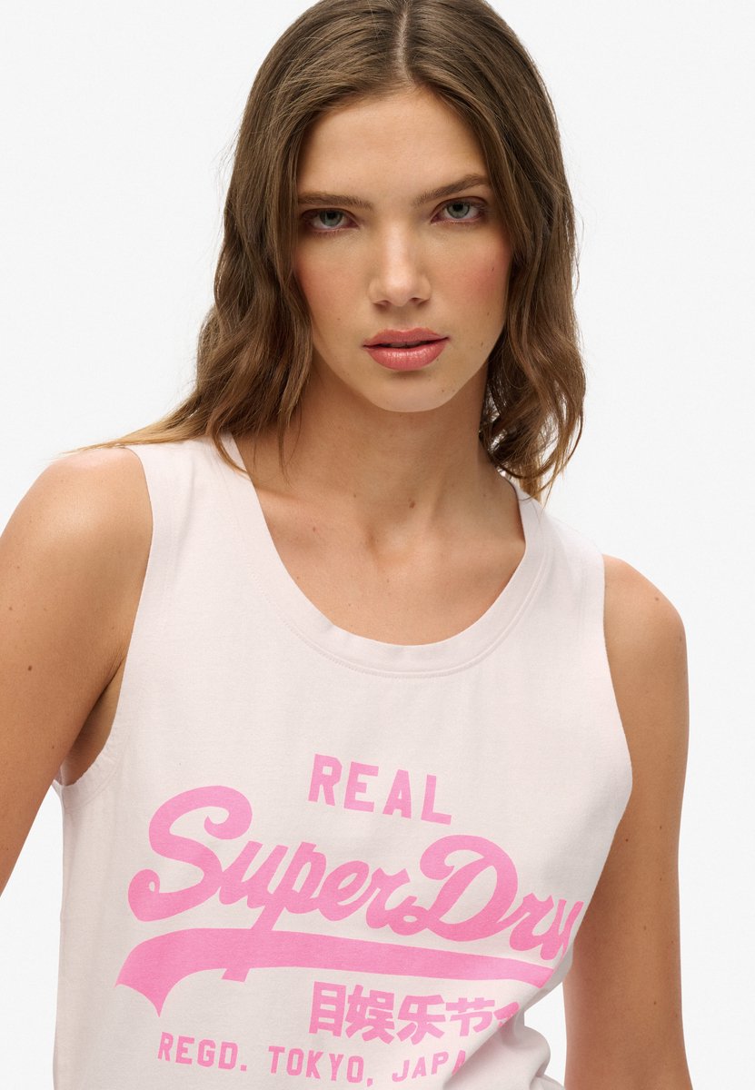 Superdry Vintage Logo neon tanktop met laag uitgesneden ronde hals Dames Vesten Roze