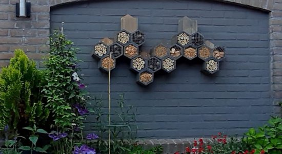 Twee decoratieve houten bijenhotels aan een donkergrijze bakstenen muur, omringd door groen.