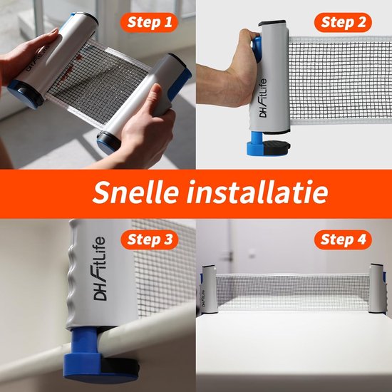 Collage van 4 stappen die de snelle installatie van een blauw-wit tafeltennisnet tonen.