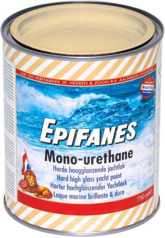 Blik Epifanes Harde hoogglanzende jachtlak, kleur 3242. Goud-wit gestreept patroon.