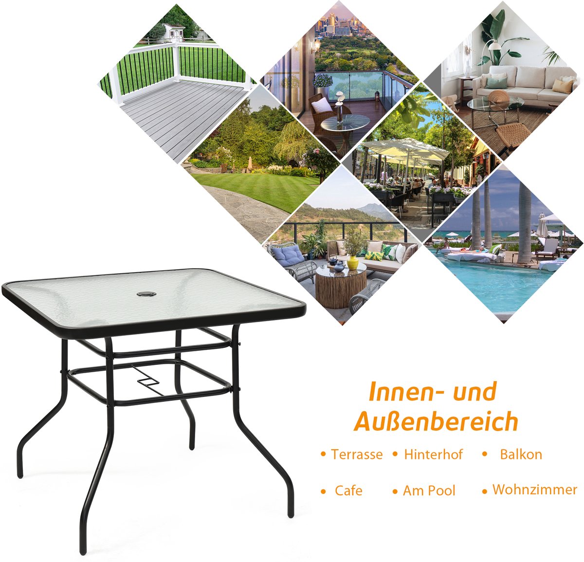 COSTWAY 80 cm Tuintafel, Rechthoekige metalen koffie/theetafel met gehard glazen blad en paraplugat, moderne klassieke stijl past bij elk decor, Buiten eettafel voor Patio, Tuin, Balkon, Achtertuin thumbnail 4