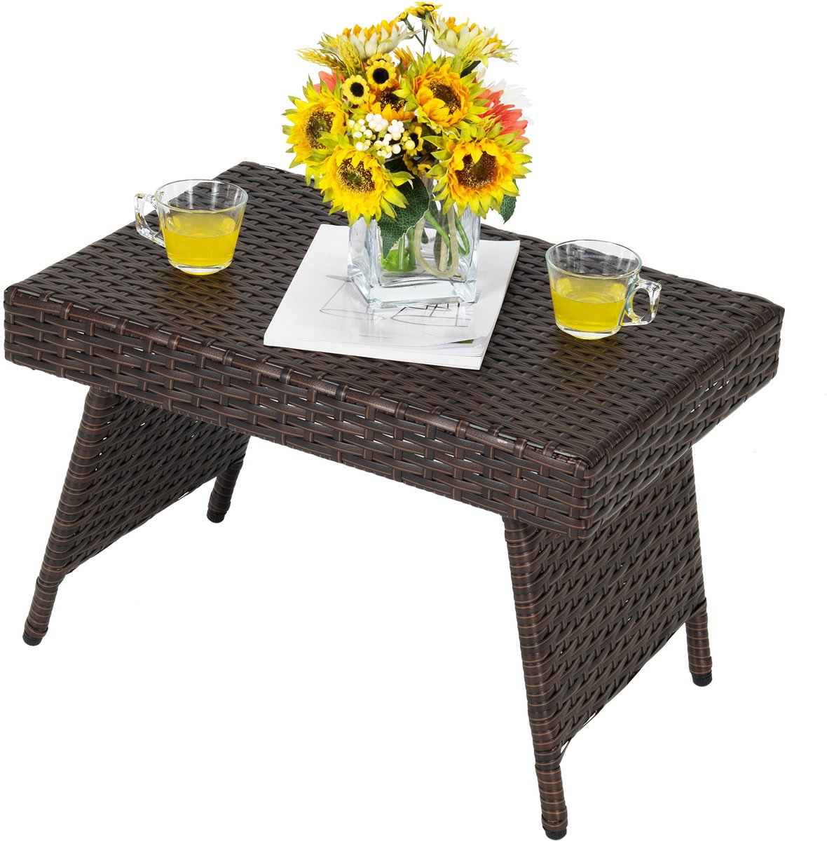 COSTWAY Patio Rieten Opvouwbare Salontafel, Buiten Roten Bijzettafel Met PVC Plaat & Stevig Stalen Frame, Anti-slip Voetdoppen, Perfect voor Zwembad, Achtertuin, Balkon, Tuin, Ruimtebesparend Ontwerp