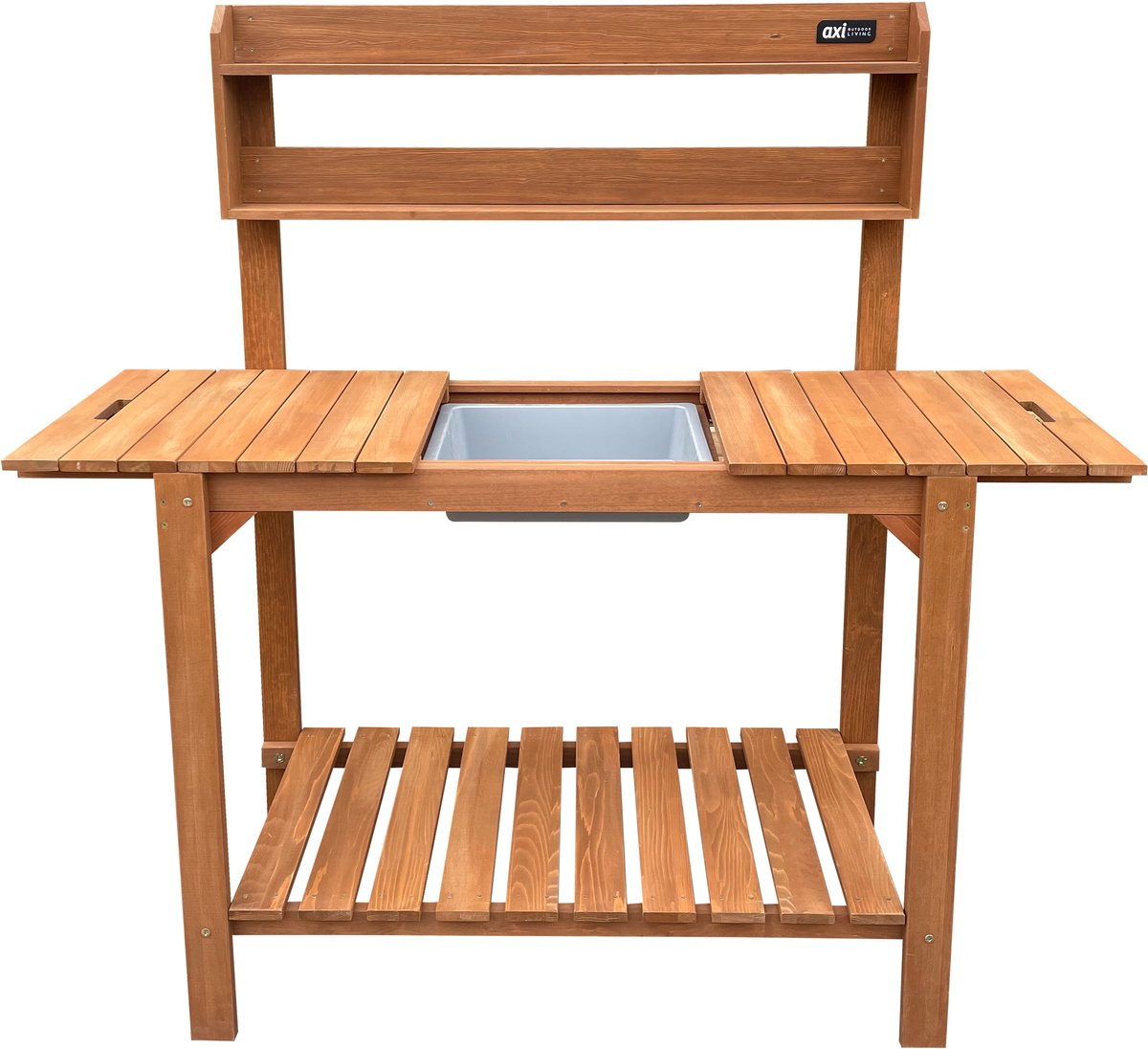 AXI Oppottafel met verschuifbaar werkblad Bruin – Tuinwerktafel – Hemlock hout – 100 x 46 x 140 cm – Met inzetbak van kunststof – Handige plantentafel met opbergruimte