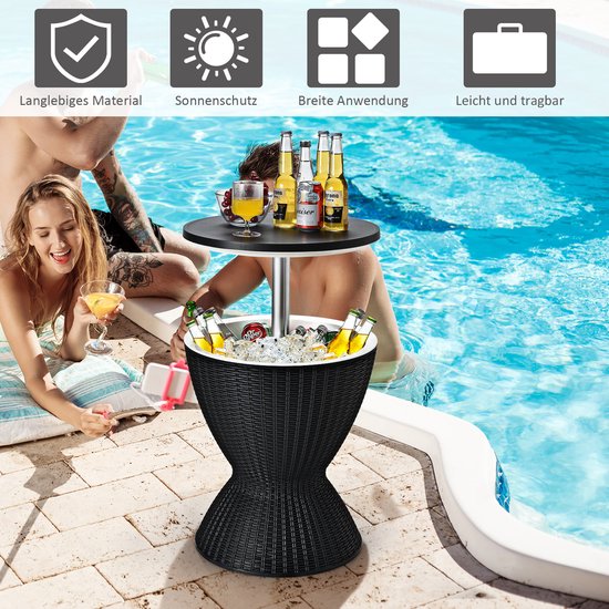 COSTWAY 3-in-1 Cool Bar, in hoogte verstelbare bijzettafel, 30 liter, outdoor bier- en wijnkoeler in rotanlook, drankkoeler met afvoergat, voor terras, party, zwembad, zwart van Merkloos — afbeelding 5