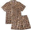 Set van een satijnen pyjamashirt en korte broek met panterprint, korte mouwen en reverskraag.