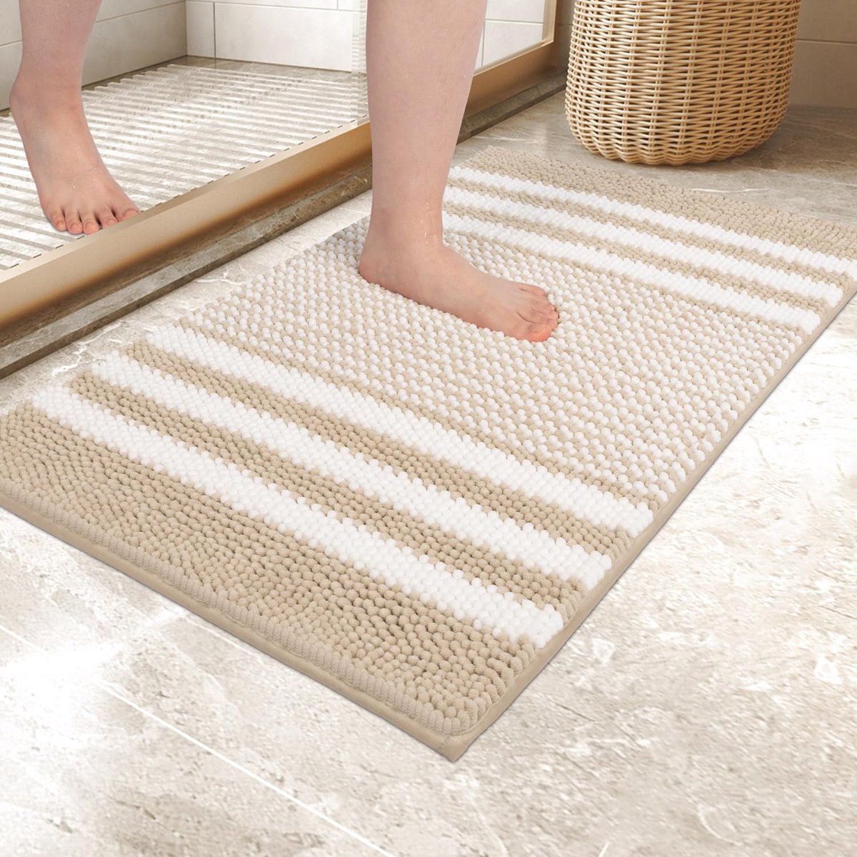 My Ninki ® Absorberende en Zachte Chenille Badmat met Antislip Onderzijde voor Badkamer en Toilet, 60 x 90 cm, Beige