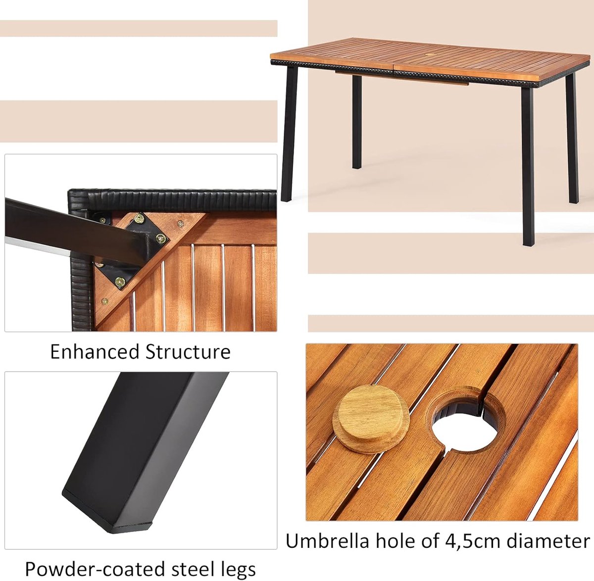 COSTWAY Tuintafel met schermgat, 140 x 75 x 76 cm, eettafel voor 6-8 personen, terrastafel met tafelblad van acaciahout, rechthoekige houten tafel met metalen frame thumbnail 3