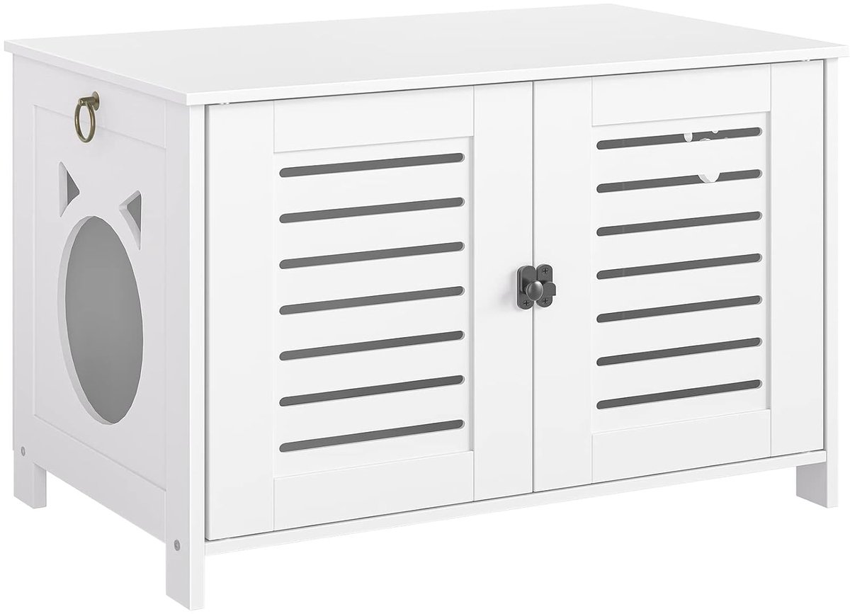 TRANKIELO® - Prachtige houten kattenbak kast in jaloezie-stijl – Schattige kattenkop deuropening – 60 x 45 x 50 cm – Wit