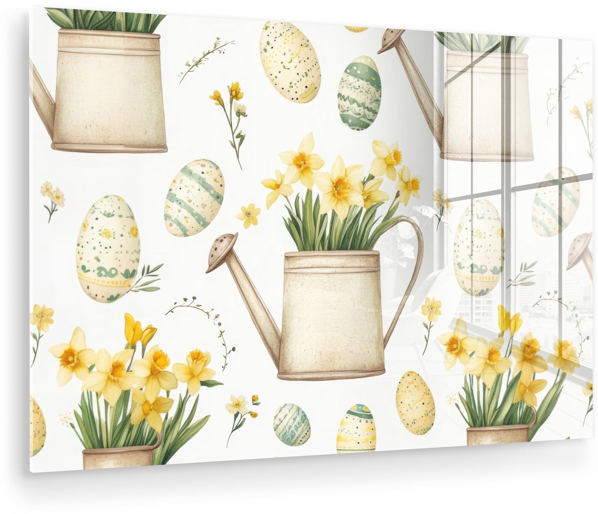 MuchoWow® Glasschilderij 60x40 cm - Schilderij acrylglas - Gieter - Bloemen - Eieren - Fot