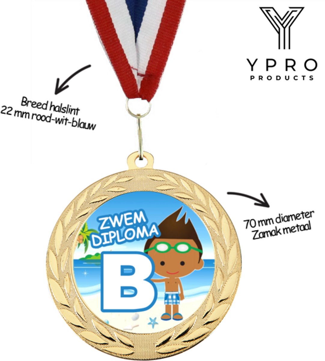 YPRO products Medaille Zwemdiploma B - Goudkleurig voor jongens en meisjes - 70 mm
