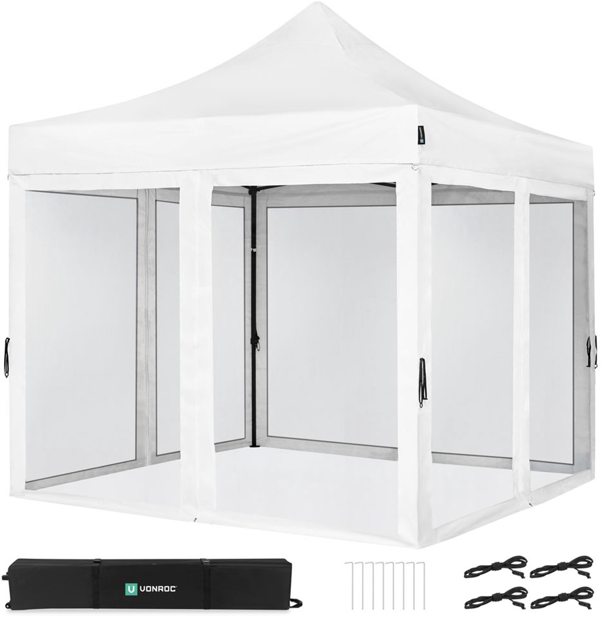 VONROC Easy-Up Partytent - 3x3 m - Premium easy-up Partytent - Set incl. Muggennet zijwanden - Modulair Ontwerp – Opvouwbaar – Waterdicht – Stalen Frame - 50+ UV Bescherming - Incl. Opbergtas - Wit