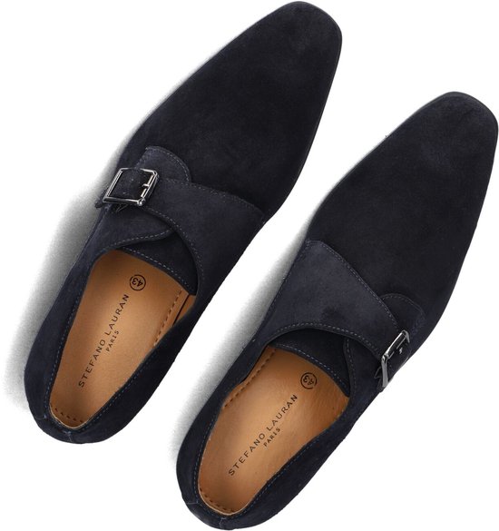 Donkerblauwe suède single monk strap schoenen met zilveren gesp, STEFANO LAURAN PARIS op binnenzool.