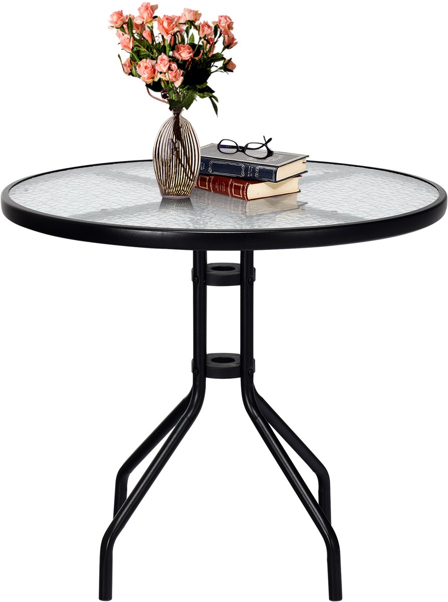 COSTWAY Tuintafel met tafelblad van gehard glas, 70 x 70 x 71 cm, terrastafel met parasolgat en metalen frame, ronde balkontafel, outdoor-eettafel voor binnenplaats, terras, tuin