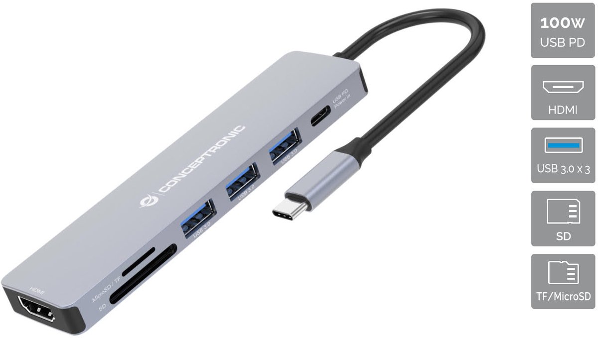 Image of Conceptronic DONN19G notebook dock & poortreplicator Bedraad USB 3.2 Gen 1 (3.1 Gen 1) Type-C Grijs