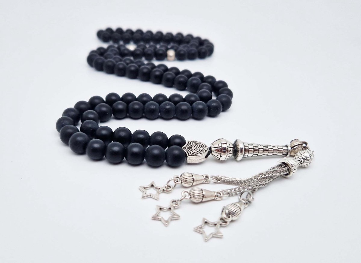Handgemaakte tesbih "Tasbih" natuursteen "Mat zwart onyx" - Aantal kralen 99 - Diameter kralen 8MM - met metaal tassel "Kleine sterren" - Een mooi cadeau-idee