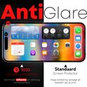 Écran partagé d'un téléphone, à gauche la météo, à droite des applications. La moitié gauche affiche "Anti Glare", la moitié droite "Protecteur d'écran standard".