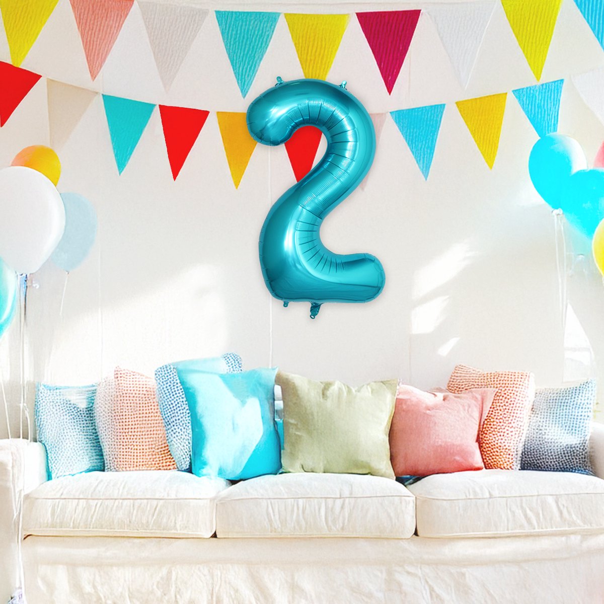 Folie Ballon Cijfer 2 Jaar Cijferballon Feest Versiering Folieballon Verjaardag Versiering Blauw XL 86Cm Met Rietje — afbeelding 4