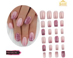 GUAPÀ® Plaknagels | 24 stuks valse nagels | Press On Nails | Zelfklevende Plaknagels | Nepnagels | Kunstnagels | Compleet plaknagels starterspakket | Nagels stickers | Glitter Nagels | 24 stuks plaknagels Rood Nude Glitters