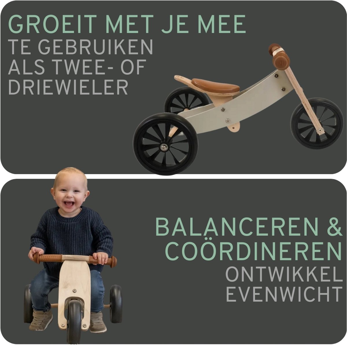 Bandits & Angels Smart Bike Loopfiets Hout 4-in-1 Groen vanaf 1 jaar - Voor Jongens en Meisjes - Houten Loop Fiets Olijfgroen - Omkeerbaar in Driewieler en Tweewieler - Verstelbaar Zadel — afbeelding 4