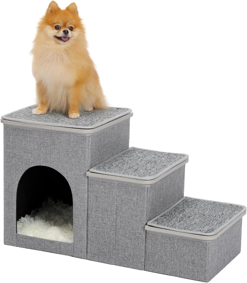 Candala Hondentrap voor bed, 3 stappen voor hondenopstap, voor bank met opbergruimte voor kleine honden voor bed, opvouwbare huisdiertrap voor bank en hoog bed tot 30 kg, houtgrijs