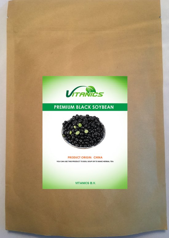 Vitanics premium zwarte sojabonen, met zichtbare groene pitjes.