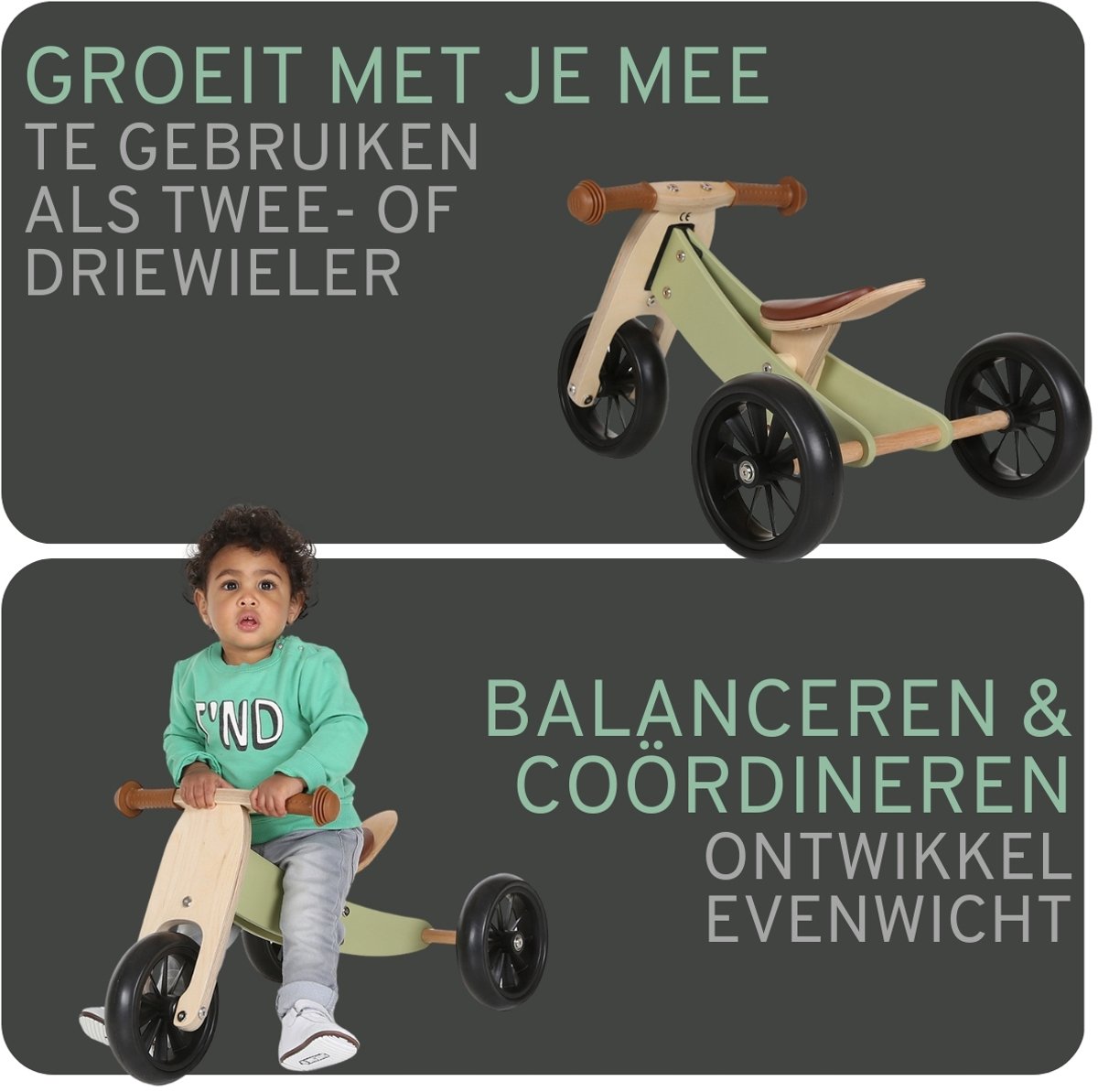 Bandits & Angels Smart Bike Loopfiets Hout 4-in-1 Retro Groen vanaf 1 jaar - Voor Jongens en Meisjes - Houten Loop Fiets - Omkeerbaar in Driewieler en Tweewieler - Verstelbaar Zadel — afbeelding 6