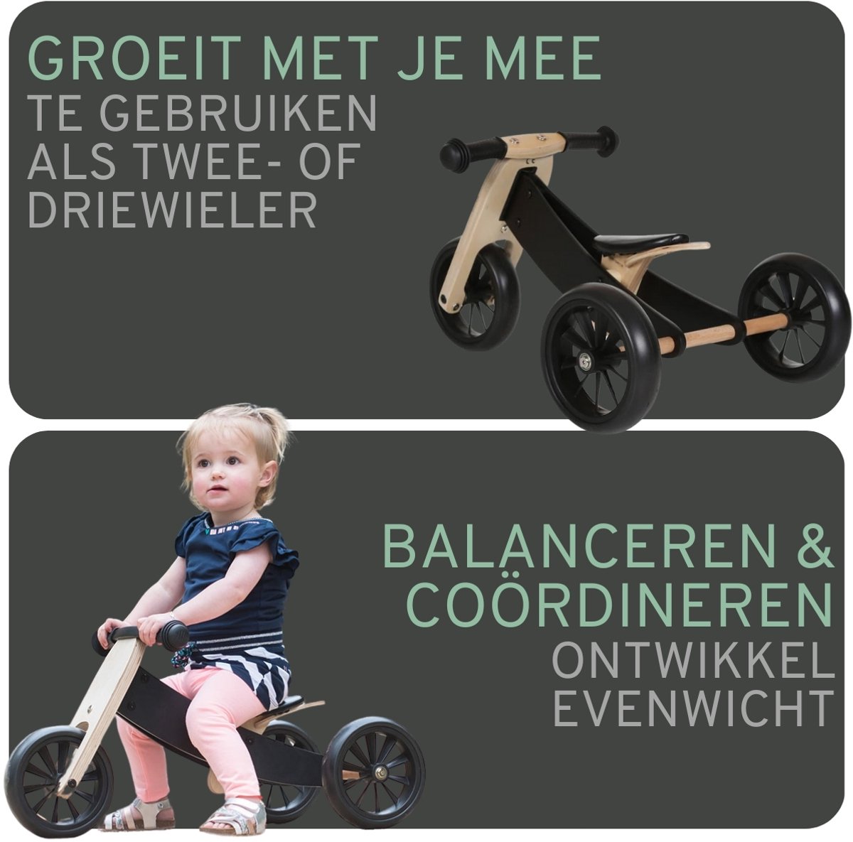 Bandits & Angels Smart Bike Loopfiets Hout 4-in-1 Zwart vanaf 1 jaar - Voor Jongens en Meisjes - Houten Loop Fiets - Omkeerbaar in Driewieler en Tweewieler - Verstelbaar Zadel — afbeelding 7