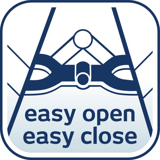 Logo: "easy open easy close" met een afbeelding van het scharniermechanisme van het droogrek.