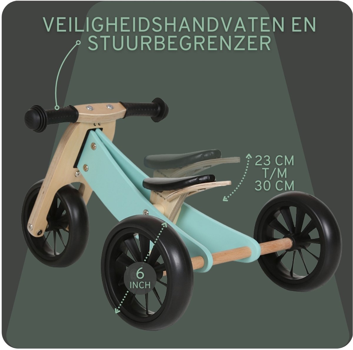 Bandits & Angels Smart Bike Loopfiets Hout 4-in-1 Mint vanaf 1 jaar - Voor Jongens en Meisjes - Houten Loop Fiets - Omkeerbaar in Driewieler en Tweewieler - Verstelbaar Zadel — afbeelding 5